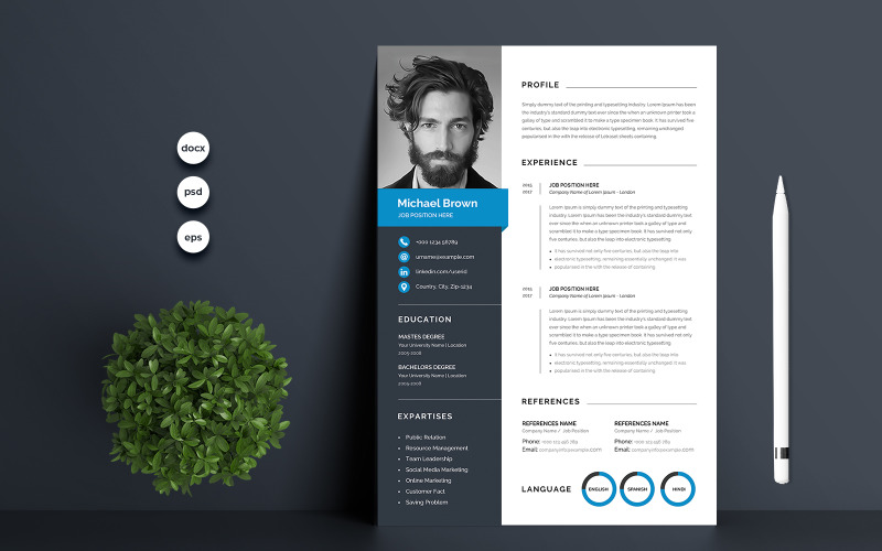 Download Резюме "Michael Brown Premium Resume Template" / Michael Brown Premium Resume Template - Резюме на тему графика 1 page resume,2 page resume,a4,blue,clean resume,clean,cover letter,creative,cv template,cv,design,document,infographic,microsoft word,minimalist,modern resume,modern,photoshop,portfolio,prof