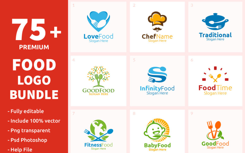 Download Шаблон логотипа "75+ Food Logo Bundle" / 75+ Food Logo Bundle - Шаблон логотипа на тему графика food,logo,fork,fresh,chef,catering,supplement,cooking,nutrition,knife,diet,eat,eco,green,kitchen,vegetarian,spoon,vegan,restaurant,cafe