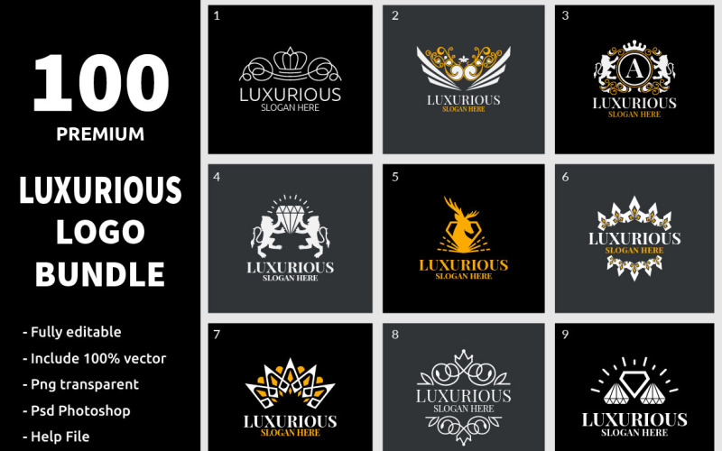 Download Шаблон логотипа "100 Luxurious Logo Bundle" / 100 Luxurious Logo Bundle - Шаблон логотипа на тему графика bundle,jewellery,jewelry,wedding,luxury,beauty,crest,logo,emblem,fashion,royal,classic,cafe,hotel,vintage,real estate,heraldry,crown,wine,restaurant
