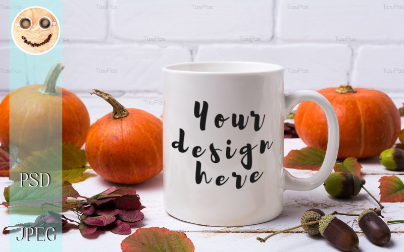 Download Мокап для продукта "White Coffee Mug with Pumpkins, Acorns Product" / White Coffee Mug with Pumpkins, Acorns Product - Мокап для продукта на тему графика mug,mockup,mock,up,coffee,cup,white,cappuccino,latte,background,beverage,blank,cafe,fall,thanksgiving,autumn,leaf,acorn,pumpkin,foliage