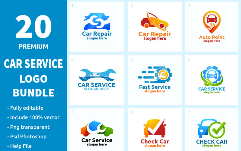 Download Шаблон логотипа "20 Car Service Logo Bundle" / 20 Car Service Logo Bundle - Шаблон логотипа на тему графика car,logo,service,repair,wrench,fix,part,mechanic,garage,tuning,maintenance,wash,gear,tool,engine,automotive,vector,icon,symbol,design