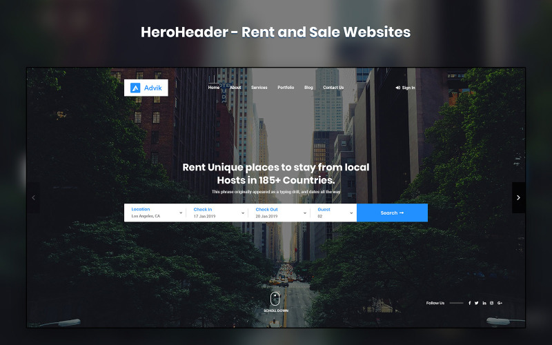 HeroHeader para elementos de interfaz de usuario de sitios web de alquiler y venta