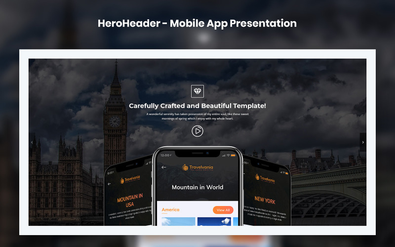 HeroHeader para elementos de la interfaz de usuario del sitio web de exhibición de aplicaciones móviles
