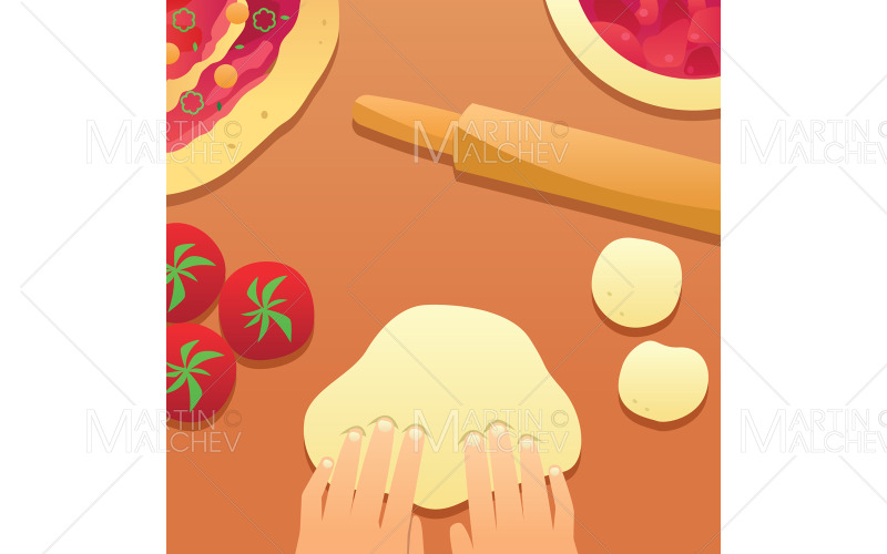 Download Иллюстрация "Cooking Flat Design" / Cooking Flat Design - Иллюстрация на тему графика hand,cooking,food,table,pizza,top,view,rolling,kitchen,sculpting,red,tomato,spice,recipe,delicious,ingredients,illustration,chef,ingredient,preparing