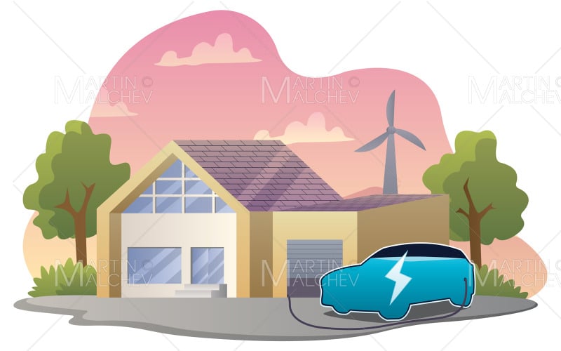 Download Иллюстрация "Electric Car Charging" / Electric Car Charging - Иллюстрация на тему графика electric vehicle,ev,house,energy,solar,car,electric,home,ecology,power,roof,renewable,panel,green,modern,technology,eco,electricity,illustration,sun