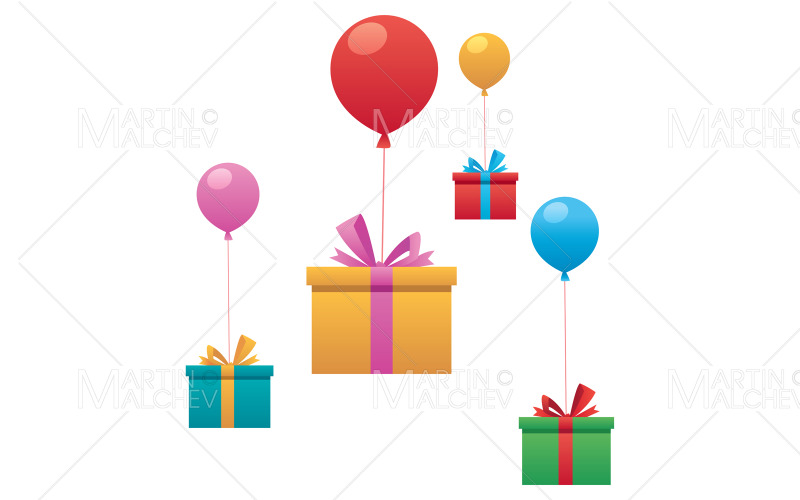 Download Иллюстрация "Flying Gifts On White" / Flying Gifts On White - Иллюстрация на тему графика bright,gift,box,ribbon,holiday,yellow,birthday,green,balloon,celebration,purple,flying,red,greeting,package,blue,happy,festive,present,surprise