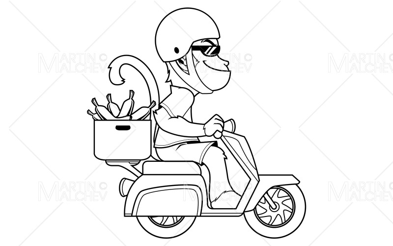 Monkey On Motor Bike Line Art