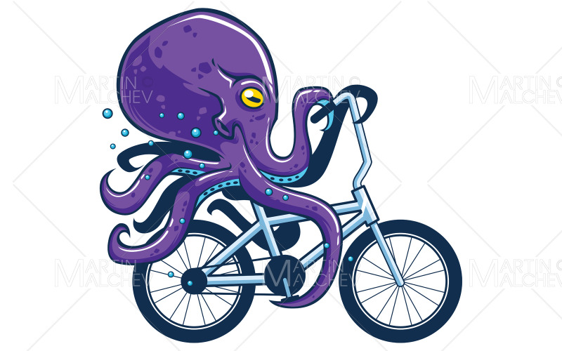 Download Иллюстрация "Octopus Riding Bicycle" / Octopus Riding Bicycle - Иллюстрация на тему графика octopus,pedaling,purple,tentacles,bicycle,cartoon,mascot,logo,clip art,character,sea,funny,creature,ride,ocean,busy,travel,courier,underwater,comic