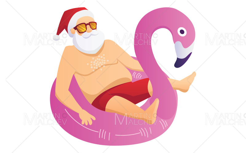 Download Иллюстрация "Santa On Swimming Ring" / Santa On Swimming Ring - Иллюстрация на тему графика santa,claus,santa claus,red,shorts,joyful,beach,swim,pink,ring,flamingo,swim ring,inflatable,rubber,swimming,pool,float,floating,floater,sunglasses