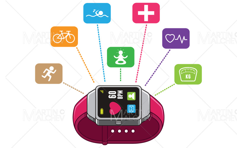 Download Иллюстрация "Smart Watch Health Measure" / Smart Watch Health Measure - Иллюстрация на тему графика smart,watch,smartwatch,modern,fitness,health,cardio,color,diagnostic,blood,correcting,heart,red,app,relax,cardiology,sport,measurement,electronic,heartbeat