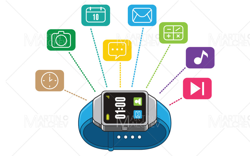 Download Иллюстрация "Smart Watch on White" / Smart Watch on White - Иллюстрация на тему графика smart,watch,smartwatch,innovation,electronic,interface,communication,audio,mobile,clock,accessory,blue,video,time,gadget,app,screen,touch,touchscreen,fitness