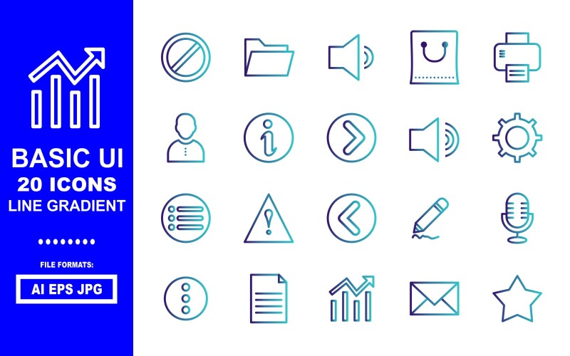 Download Набор иконок "20 Basic UI Line Gradient Icon Pack" / 20 Basic UI Line Gradient Icon Pack - Набор иконок на тему data blocl,folder,sound,bag,printer,man,inofo,caution,back,setting,menu,mark,draw,micro phone,dout,document,chart,mail,bookmark,high sound