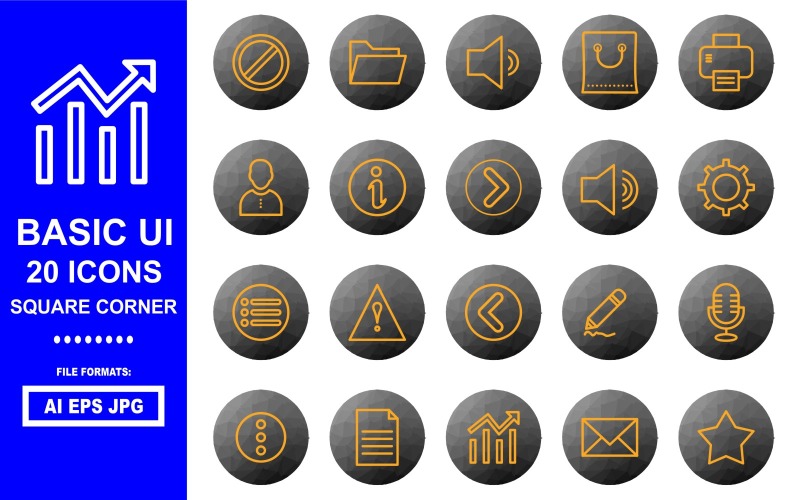 Download Набор иконок "20 Basic UI Line Polygon Icon Pack" / 20 Basic UI Line Polygon Icon Pack - Набор иконок на тему data block,folder,sound,bag,printer,man,inofo,caution,back,setting,menu,mark,draw,micro phone,dout,document,chart,mail,bookmark,high sound