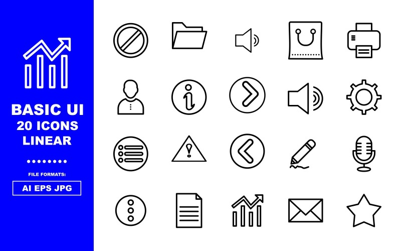 Download Набор иконок "20 Basic UI Linear Icon Pack" / 20 Basic UI Linear Icon Pack - Набор иконок на тему data blocl,folder,sound,bag,printer,man,inofo,caution,back,setting,menu,mark,draw,micro phone,dout,document,chart,mail,bookmark,high sound