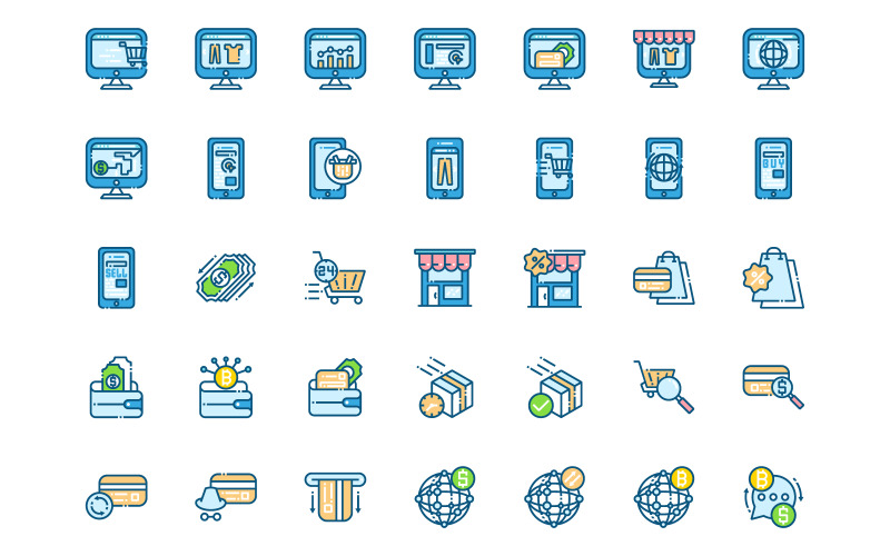 Download Набор иконок "E-commerce and Shopping Icons" / E-commerce and Shopping Icons - Набор иконок на тему финансы business,buy,card,cart,cash,color,colorful,coupon,delivery,gift,icon,icon set,modern,money,online,package,packaging,btc,bitcoin