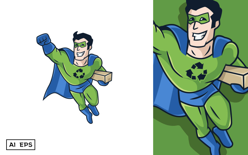 Download Шаблон логотипа "Eco-Man Mascot" / Eco-Man Mascot - Шаблон логотипа на тему графика eco man,environment,nature,eco friendly,recycle,hero,super hero,card board,recycling,zero waste,human,reuse,sustainable,plastic,eco,green,earth,pollution,comics,mascot