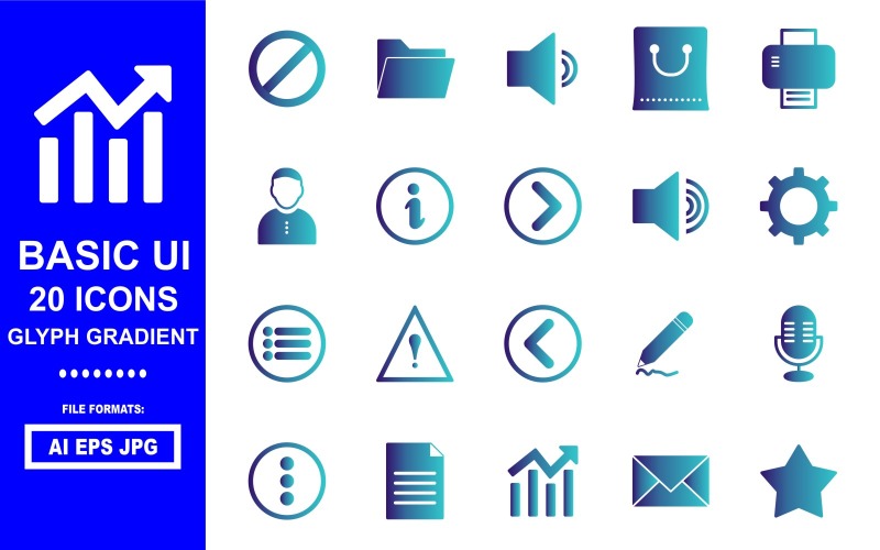 Download Набор иконок "20 Basic UI Glyph Gradient Icon" / 20 Basic UI Glyph Gradient Icon - Набор иконок на тему data block,folder,sound,bag,printer,man,inofo,caution,back,setting,menu,mark,draw,micro phone,dout,document,chart,mail,bookmark,high sound
