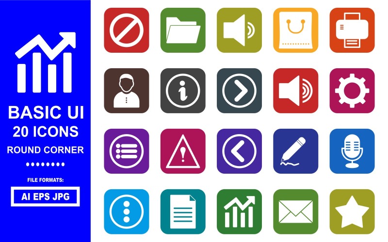 Download Набор иконок "20 Basic UI Round Corner Icon Pack" / 20 Basic UI Round Corner Icon Pack - Набор иконок на тему data block,folder,sound,bag,printer,man,inofo,caution,back,setting,menu,mark,draw,micro phone,dout,document,chart,mail,bookmark,high sound