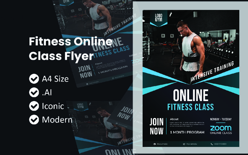 Download Фирменный стиль "Fitness Flyer Zoom Class Template" / Fitness Flyer Zoom Class Template - Фирменный стиль на тему графика flyer template,flyer business,print template,advertising,promotion flyer,brochure template,flyer mockup,flyer bundle template,fitness flyer,gym flyer,fitness brochure,zoom class,online class
