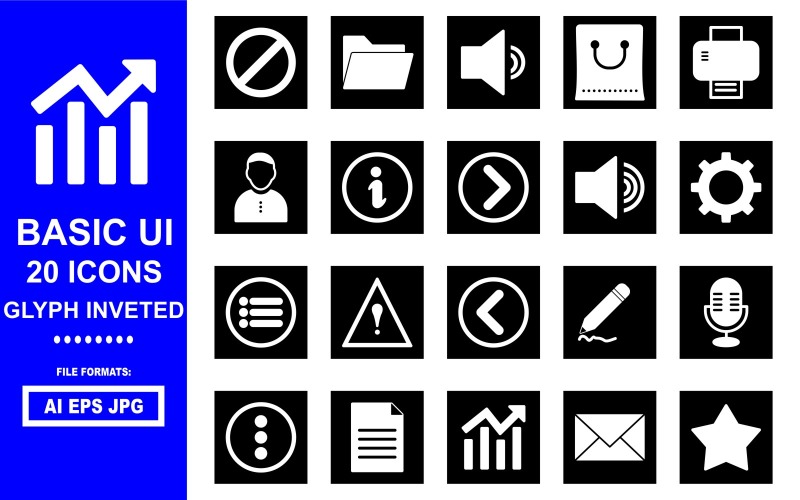 20 Pacchetto di icone glifi con inveted dell'interfaccia utente di base
