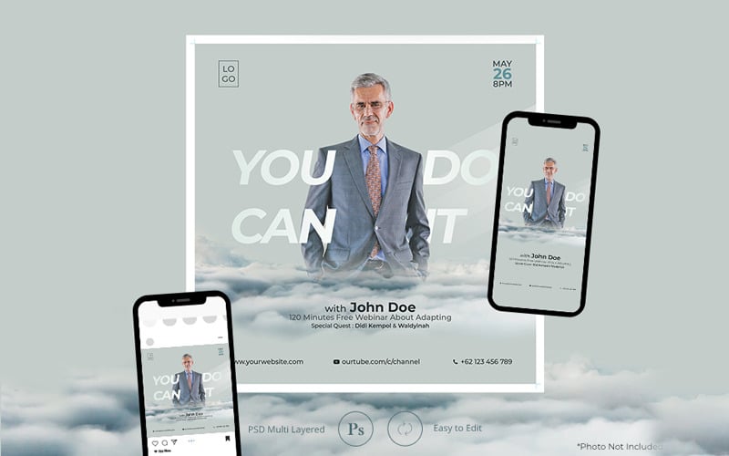Download Шаблон для соцсетей "You Can Do It - Flyers Template for Motivator for Social Media" / You Can Do It - Flyers Template for Motivator for Social Media - Шаблон для соцсетей на тему графика motivator,flyer,positive,webinar,seminar,event,man,consultation