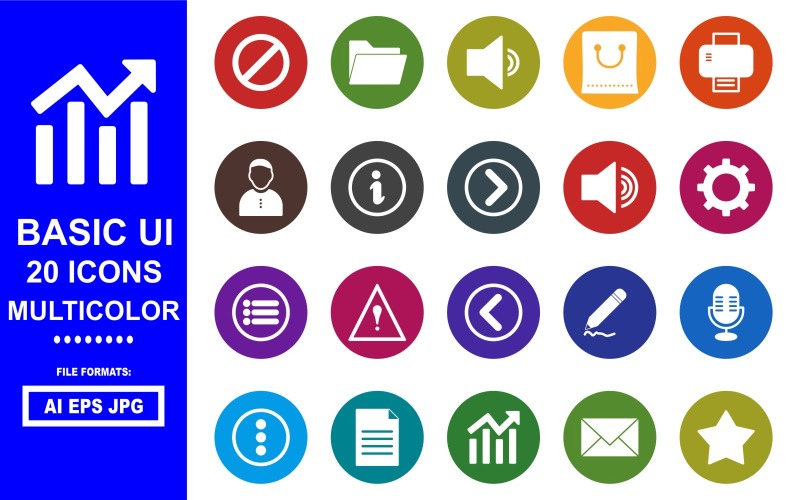 Zestaw 20 kolorowych ikon glifów z podstawowym interfejsem użytkownika