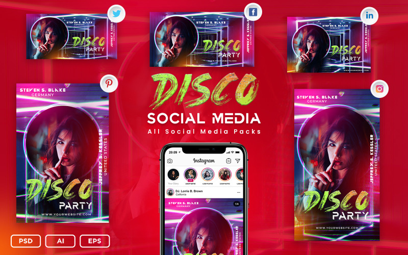 Download Шаблон для соцсетей "Disco Party Social Media Posts" / Disco Party Social Media Posts - Шаблон для соцсетей на тему графика social,media,posts,instagram,twitter,linkedin,pinterest,facebook,insta,story,template,kit,pack,banner,creative