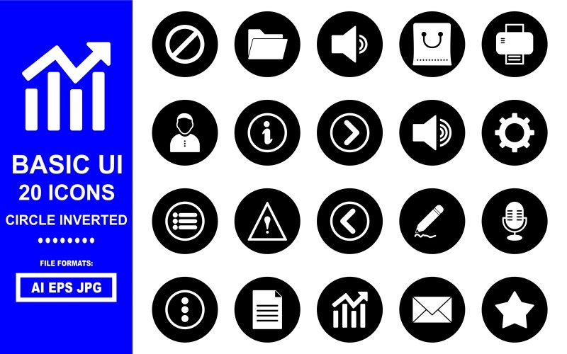 Paquete de iconos invertidos de 20 círculos de UI básicos