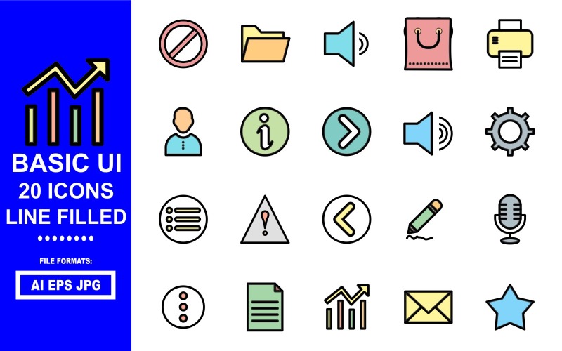 20 základních ikon vyplněných ikonami uživatelského rozhraní
