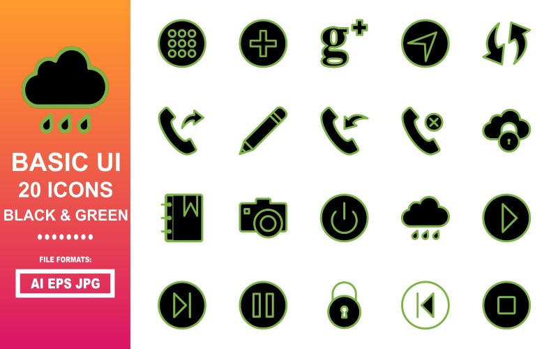 20 черно-зеленых значков базового интерфейса