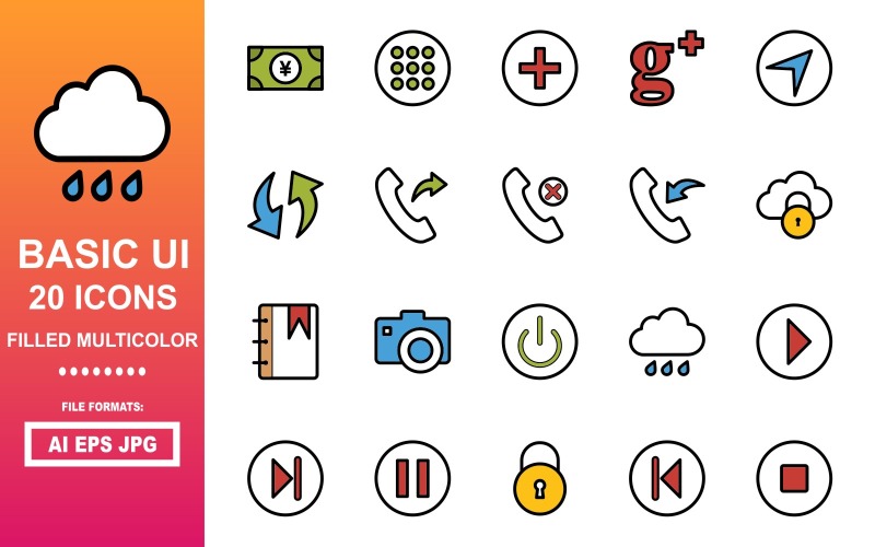 20 Basic UI Filled Multicolor Icon Pack - TemplateMonster