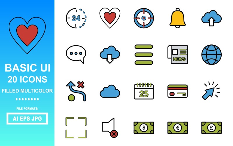 Paquete de iconos multicolor lleno de interfaz de usuario básica 20