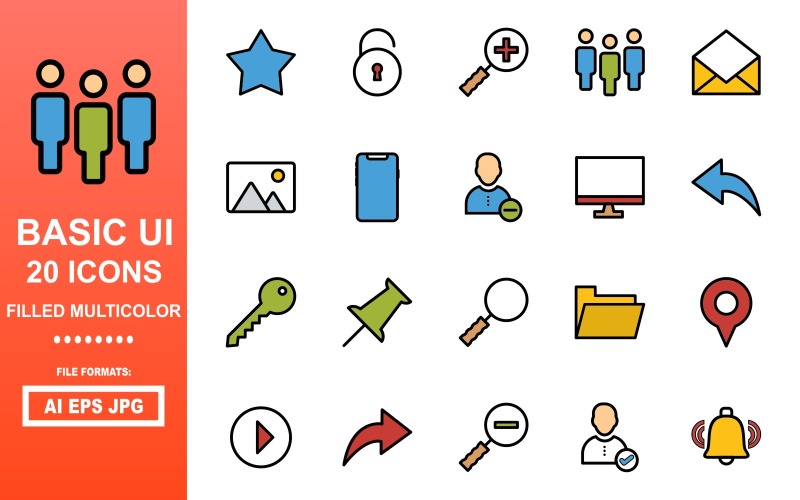20 základních vícebarevných ikon plněných uživatelským rozhraním