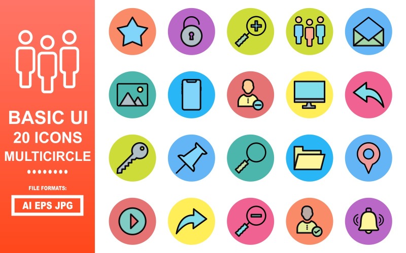 20 Pacchetto icone multicerchio interfaccia utente di base
