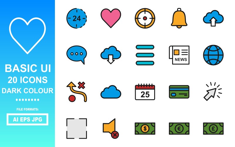 20 Pacote de ícones de cor escura da interface do usuário básico