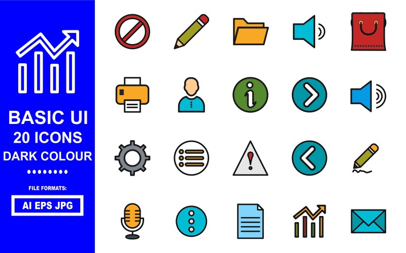 Sada 20 základních ikon tmavého barevného uživatelského rozhraní