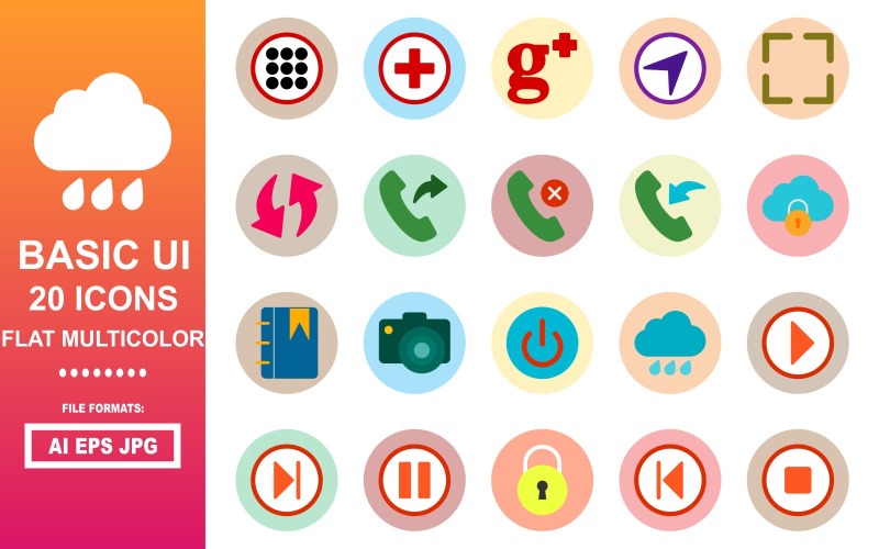 20 Basic UI Flat Multicolor Icon Pack - TemplateMonster