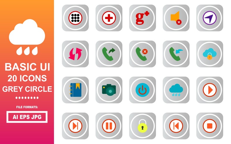 20 základních ikon šedého kruhu uživatelského rozhraní