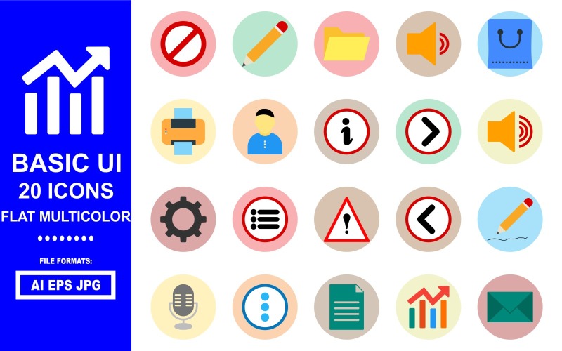 20 základních UI plochých vícebarevných ikon