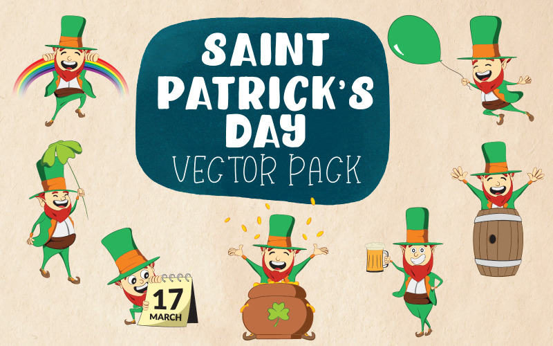 День Святого Патрика - векторный пакет - иллюстрации ирландского лепрекона в разных позах