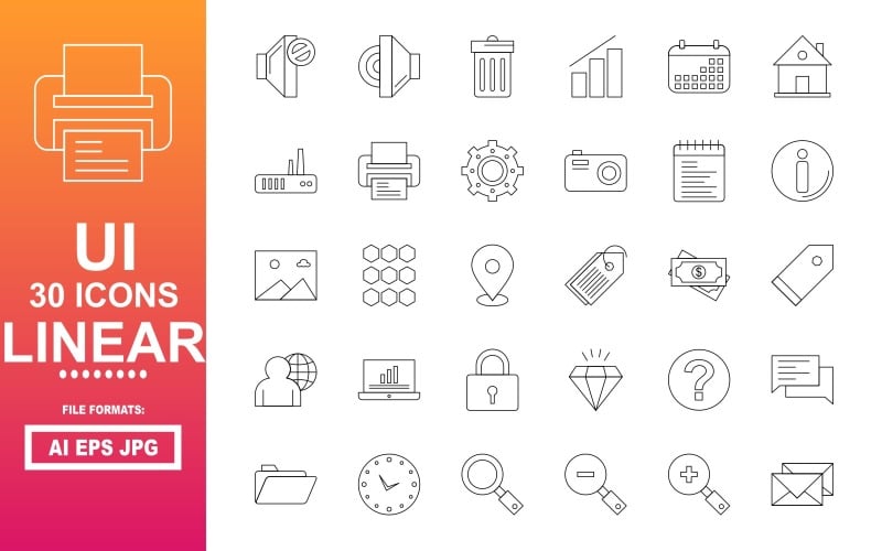 30 User Interface UI Linear Icon Pack - TemplateMonster