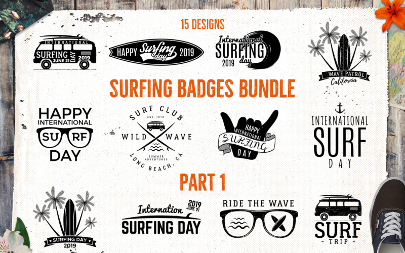 Surfing SVG Bundle Silhouette Badges - immagini vettoriali
