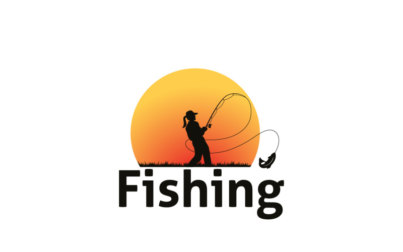 Modello di logo di pesca con sfondo tramonto