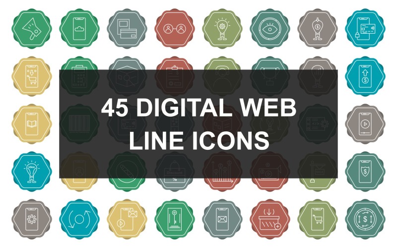 45 digitale weblijn veelkleurige achtergrond Iconset sjabloon