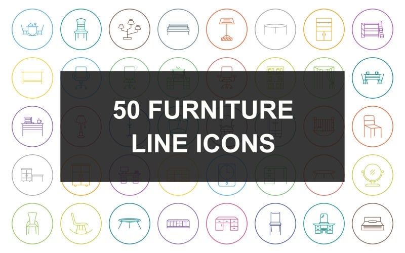50 ikon linie nábytku kolem kruhu