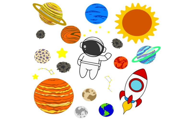 Simpatico astronauta con pianeti - immagini vettoriali