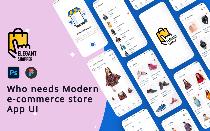 Elegant Shopper: comercio electrónico receptivo, interfaz de usuario de Android E-Cart en Figma y PSD