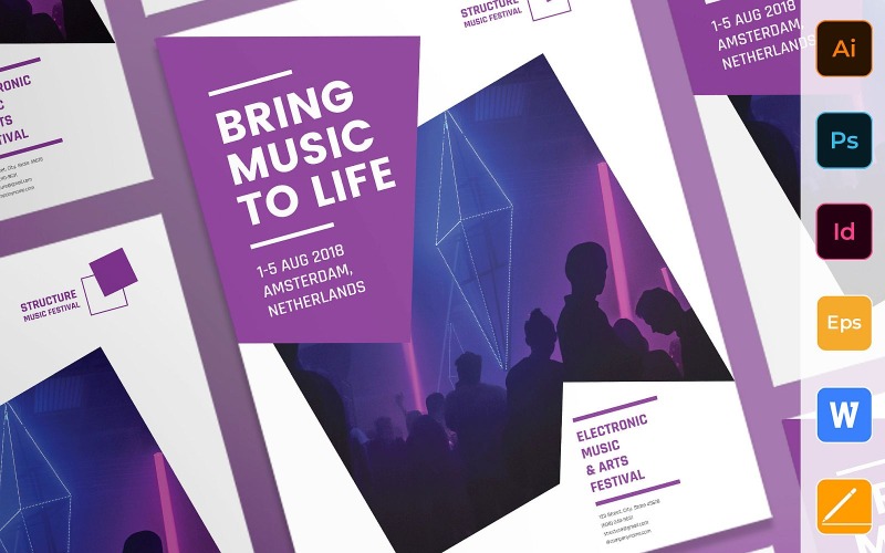 Modèle d'identité d'entreprise d'affiche de festival de musique créative