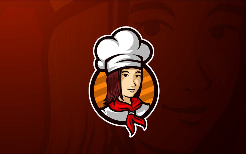 Modelo de logotipo de rosto sorridente de chef Woman mascote