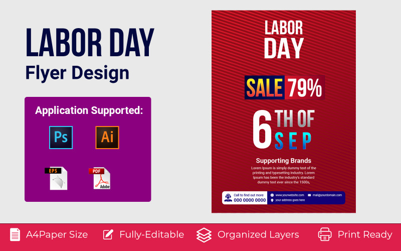Plantilla de identidad corporativa de folleto de venta del día del trabajo de EE. UU.
